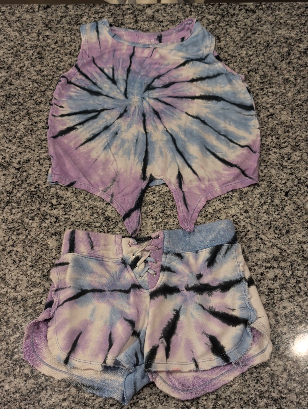 Tie-Dye Crop Tank & Lace-Up Shorts Set - Purple Blue Black